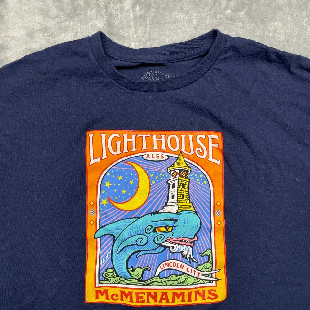 McMenamins T Shirt Men Large Navy Blue Lighthouse Ales Lincoln City Whale Cotton - Picture 3 of 7